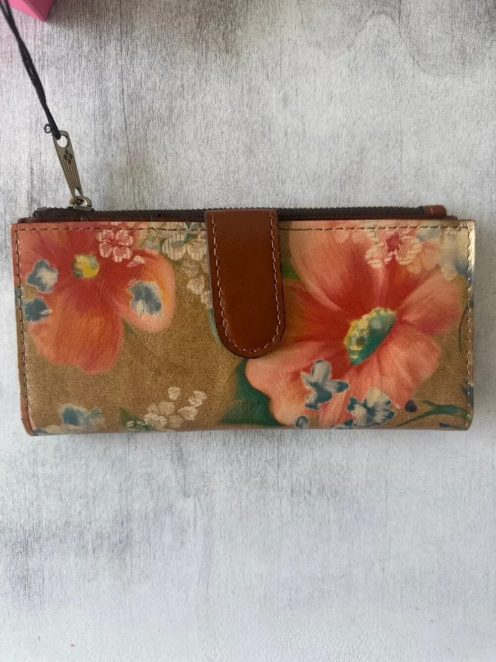 Patricia Nash Apricot Blossom Nazari Bi-Fold RFID Leather Floral Wallet Tan